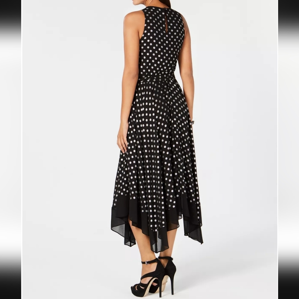 Michael Kors Sleeveless Metalic Dot Printed Fit & Flare Dress, Hankerchief Hem L - Picture 4 of 11